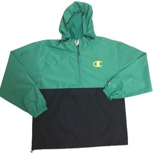 Champion Mens Medium Green Navy Blue 1/2 zip Windbreaker